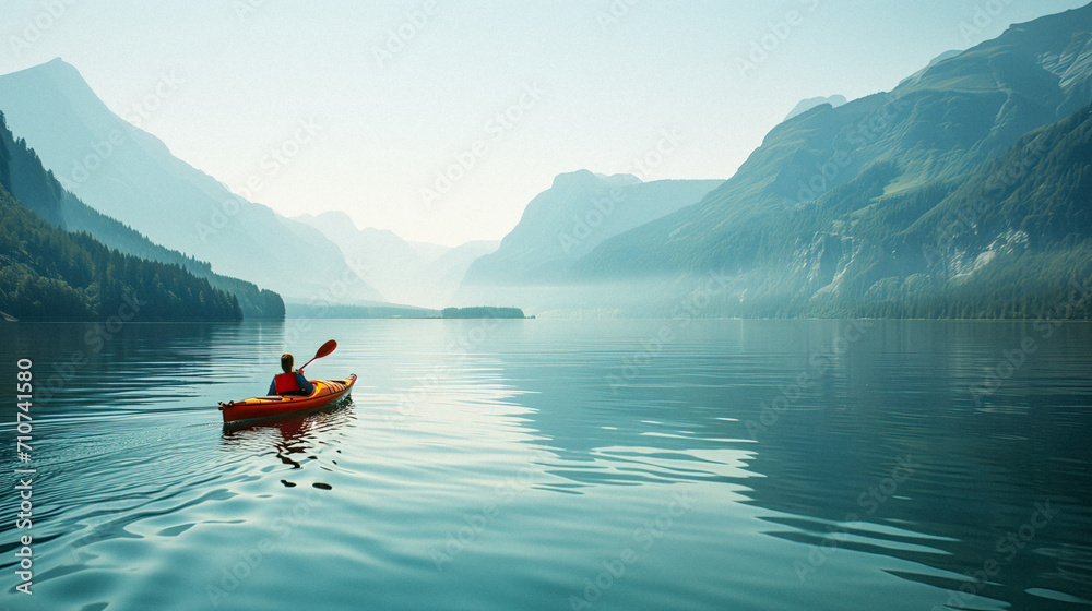 A serene shot of a kayaker paddling through a calm lake, surrounded by mountains. 