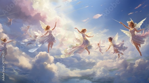  a painting of a group of fairy girls flying in the sky with their arms in the air above the clouds.