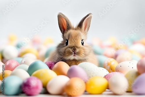red Easter bunny peeks out from behind a mountain of pastel Easter eggs on a white background © Michael
