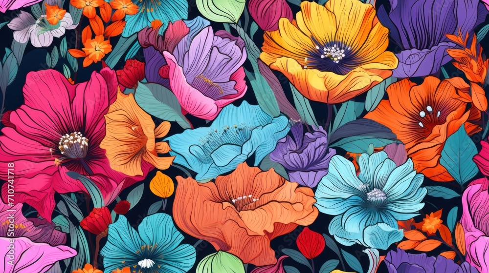  a bunch of colorful flowers that are on a black background with blue and orange flowers in the middle of the picture.