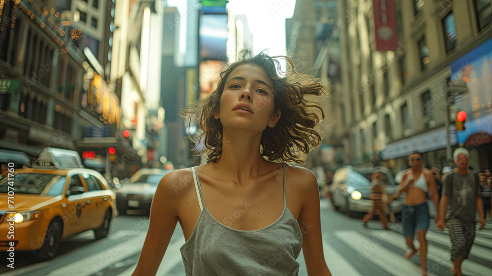 City Oasis: A dancer lost in the rhythm of the bustling city street on a hot summer day, her movements blending with the flow of pedestrians and traffic. 