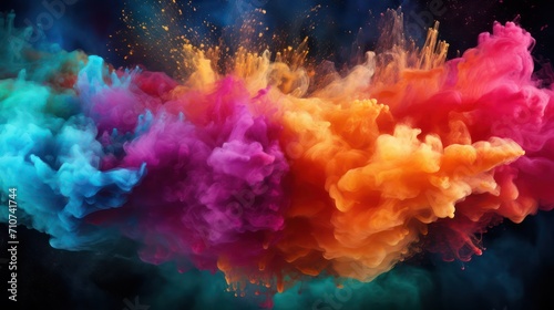 Colored powder explosion. Abstract closeup dust on backdrop. Colorful explode. Paint holi