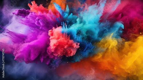 Colored powder explosion. Abstract closeup dust on backdrop. Colorful explode. Paint holi