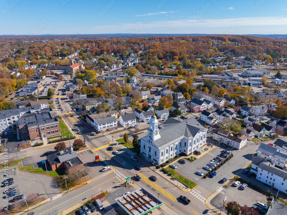 Milford Town Hall aerial view in fall at 52 Main Street in historic town center of Milford, Massachusetts MA, USA. 