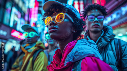 Fluorescent Fantasy Gathering: Capture diverse individuals, each expressing their unique style, reminiscent of Tokyo at midnight. 