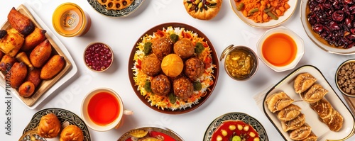 Concept of Ramadan with food and accessories on white background, top view
