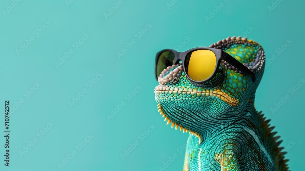 Cool chameleon wearing sunglasses on a solid color background - obrazy, fototapety, plakaty 