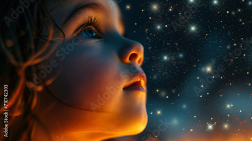 Starry Night Enchantment: A child gazing up at a sky ablaze with stars, their eyes wide with wonder as they dream of distant galaxies. 
