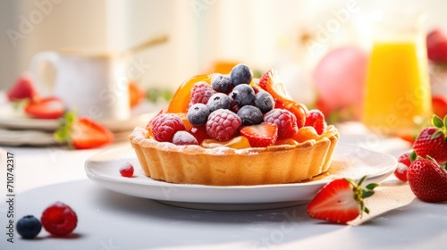  a close up of a fruit tart on a plate on a table with strawberries and orange juice in the background.