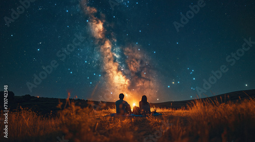 Starry Soiree  A group of friends lying on a picnic blanket in a meadow  their faces lit by the Milky Way as they share stories and laughter under the vastness of the night sky. 