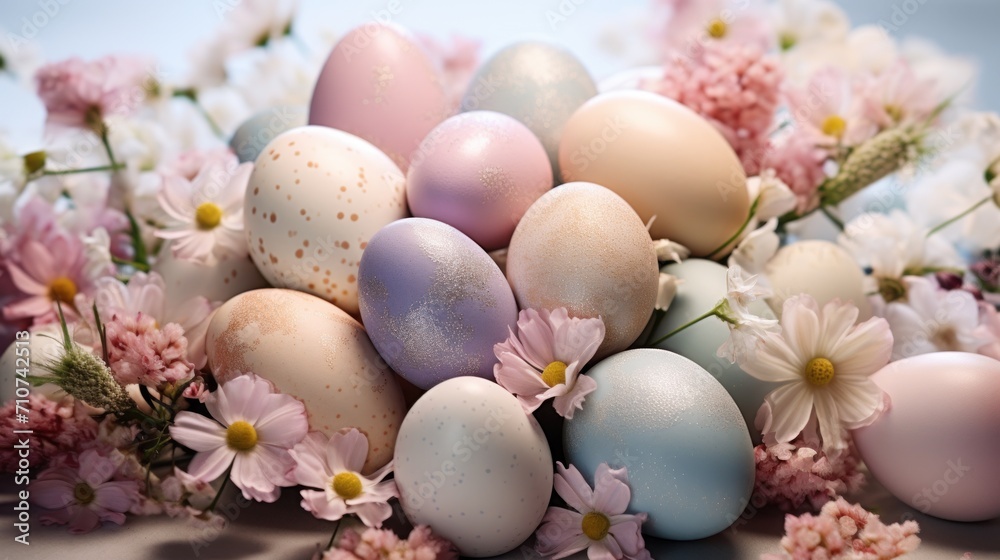 a bunch of eggs sitting on top of a pile of daisies and daisies in front of a blue sky. a bunch of eggs sitting on top of a pile of daisies and daisies in front of a blue sky.