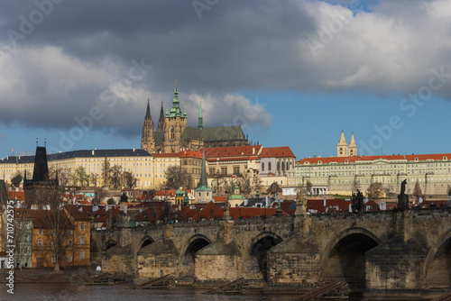 Gorgeous view to the castle district with St. Vitus cathedral in the beautiful city of Prague.