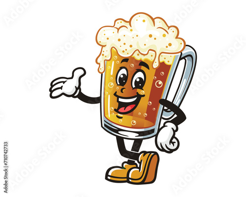 Beer glass with welcoming hand cartoon mascot illustration character vector clip art hand drawn
