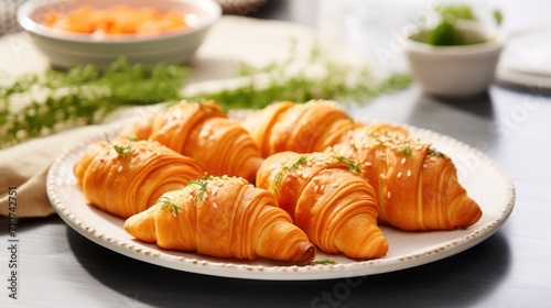  a plate of croissants sitting on a table next to a bowl of carrots and a napkin.