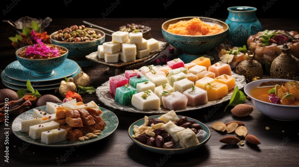  a table topped with plates and bowls filled with different types of desserts and desserts next to bowls of fruit and nuts.