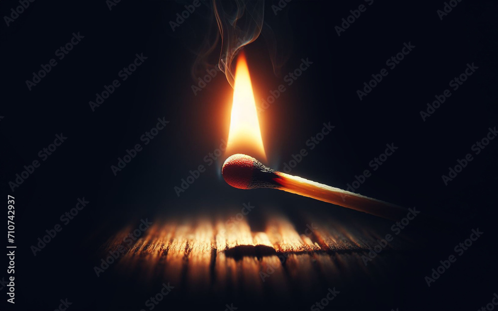 Matchstick lit in the dark, sparks, black background Matchstick lit in the dark, sparks, black background