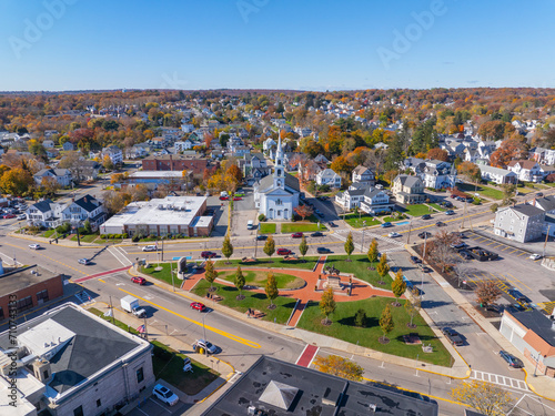 First Congregational Church aerial view in fall at Draper Memorial Park at 4 Congress Street in historic town center of Milford, Massachusetts MA, USA.  photo