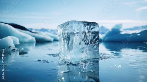  a block of ice floating on top of a body of water next to icebergs and icebergs.