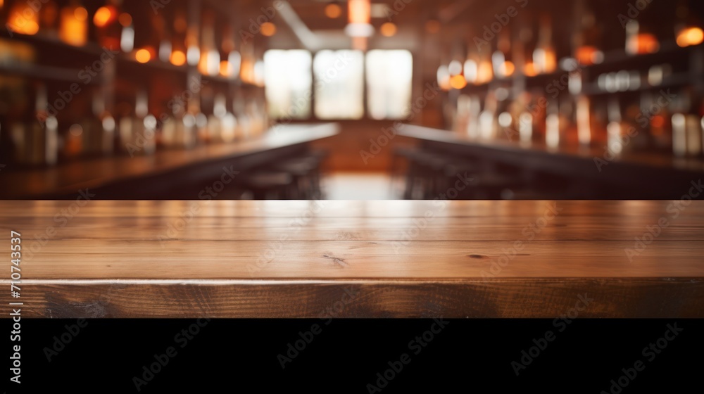  a close up of a wooden table with a blurry image of a room in the back ground behind it.