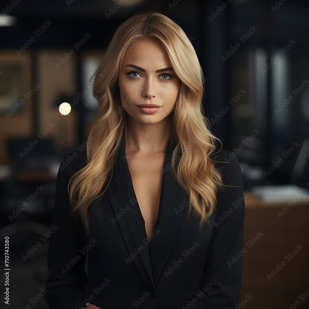 Gorgeous pretty beautiful blonde young businesswoman looking at the camera. She has blue eyes.