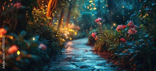Enchanted garden pathway illuminated by magical lights. Fantasy setting. © Postproduction