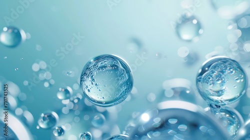 essential Oil Bubbles for cosmetics in water. blue liquid bubbles  fluid flow. Collagen  atoms floating  Moisturizing Cream  Skin Serum  Vitamin  beauty concept 