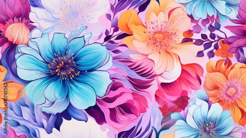  a painting of a bunch of flowers on a white background with blue, orange, pink, and purple flowers.