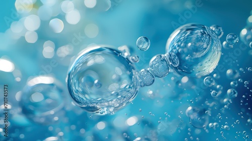 essential Oil Bubbles for cosmetics in water. blue liquid bubbles, fluid flow. Collagen, atoms floating, Moisturizing Cream, Skin Serum, Vitamin, beauty concept,