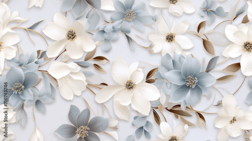  a bunch of white and blue flowers on a blue and white background with a few brown and white flowers in the middle of the picture.