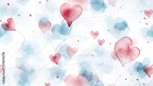  a bunch of red and blue hearts on a light blue and white background with swirls and bubbles in the shape of hearts.