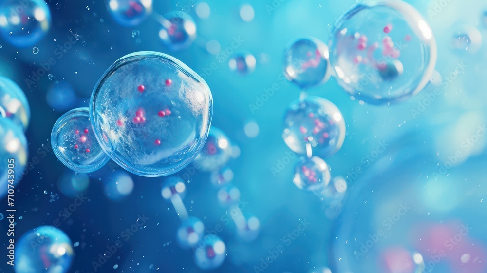 Floating molecular structure and cells in the blue background, 3d rendering.