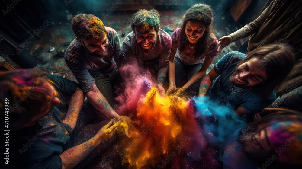 Friends playing with holi powder, top view