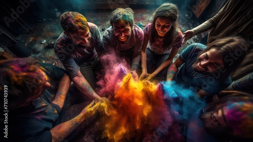 Friends playing with holi powder, top view © Andrey