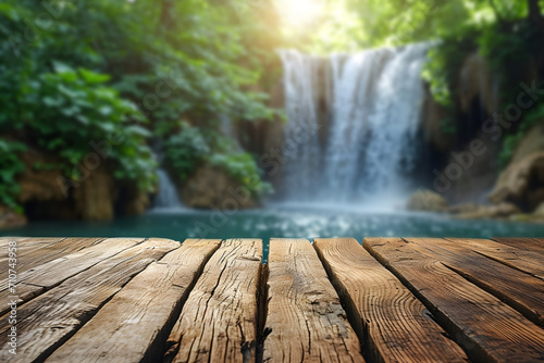 Wooden Tabletop Foreground, Background of Blurry Waterfall Beauty