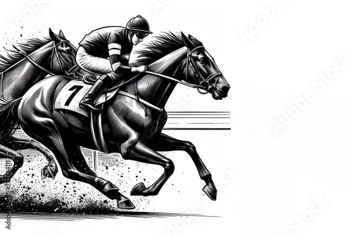 Horse racing illustrations drawing on solid white background. ai generative