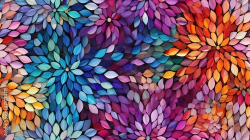  a close up of a painting of a flower with many colors of different shapes and sizes in the center of the image.