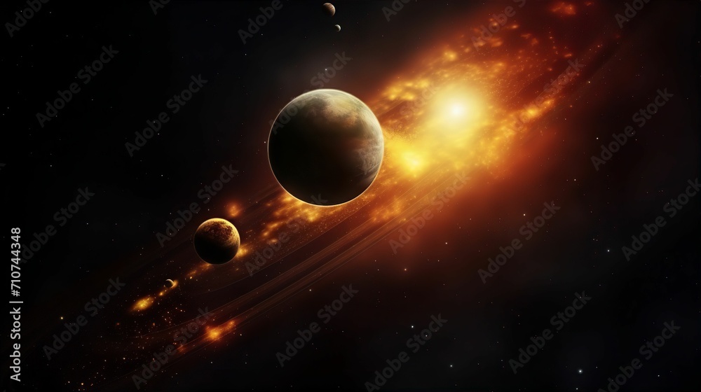 An illustration of the planets of our solar system orbiting the sun in outer space and dark copy space background