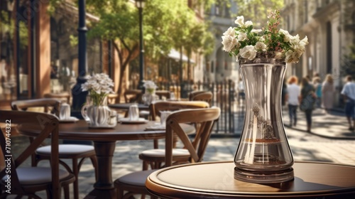  a vase filled with flowers sitting on top of a table next to a table with chairs and tables in front of it.