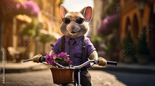 Mouse in purple clothes rides bicycle along old street in town with lilac flowers. Fashion portrait of anthropomorphic animal, carrying out daily human activities photo