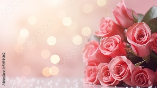 Pink Rose flowers on bokeh light glitter background for love wedding and valentines day with copy space.  love romance background  Surprise Valentine Day