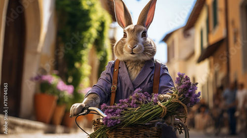 Rabbit in purple clothes comes with bouquet lilac flowers along old street in town. Fashion portrait of anthropomorphic animal, carrying out daily human activities photo