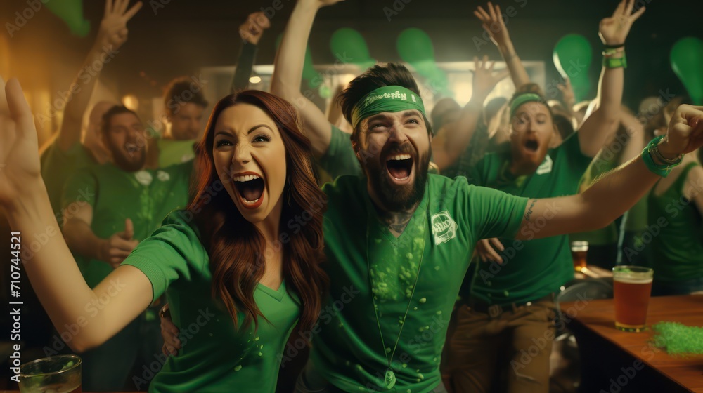 Group funky funny company raise beverage wear specs irish culture green costumes tradition caps dancing drunk messy scream shout national song singing couples best friends flirt lovers love pairs