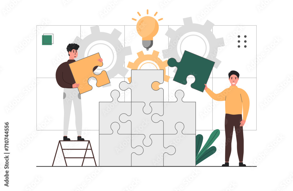 Teamwork and collaboration. 
People cooperate, help and support each other. Characters discuss new tasks, work in a team, put together a puzzle and create new ideas.Vector illustration.