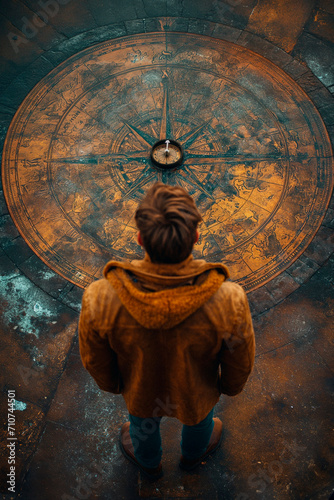 An adventurous young man standing in front of a large compass on the ground photo