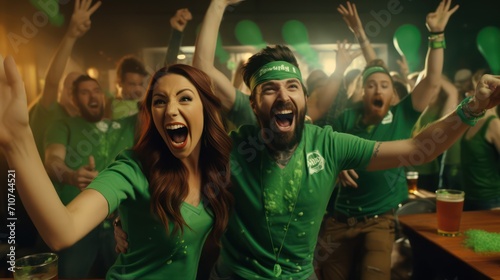 Group funky funny company raise beverage wear specs irish culture green costumes tradition caps dancing drunk messy scream shout national song singing couples best friends flirt lovers love pairs photo
