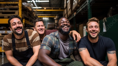Group portrait of mixed race men working in warehouse laughing