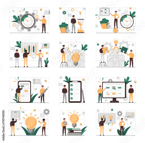 Business scene set. Big set. Collection of scenes with men and women. Team work, new idea, time management, schedule planning and other. Business people in different situation. Vector illustration