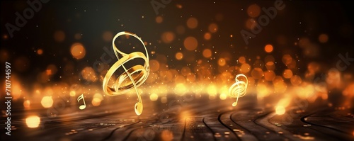 Music note on a black background, abstract background blurry lights and bokeh with gold musical note. Concert music party and singing event