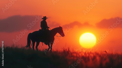 Silhouetted Cowboy on Horseback at Sunset in Rural Landscape