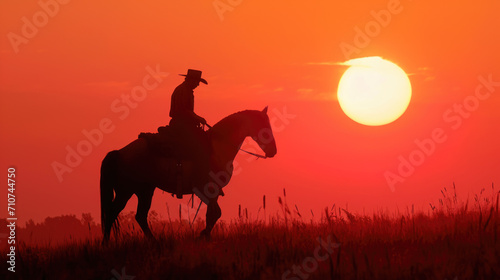 Silhouetted Cowboy on Horseback at Sunset in Rural Landscape © romanets_v